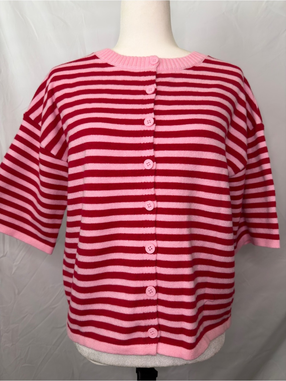 Women’s Pink and Red Striped Button-Back Sweater Top